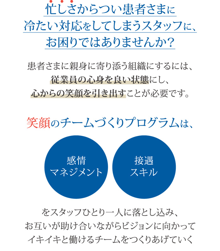 患者様に親身に寄り添う組織にするには、従業員の心身を良い状態にし、心からの笑顔を引き出すことが必要