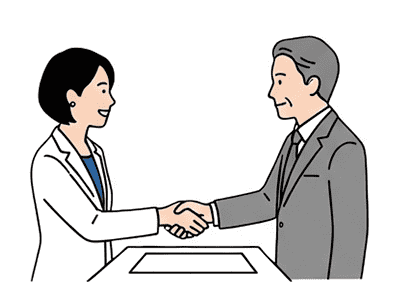 研修講師と会社の重役が握手している