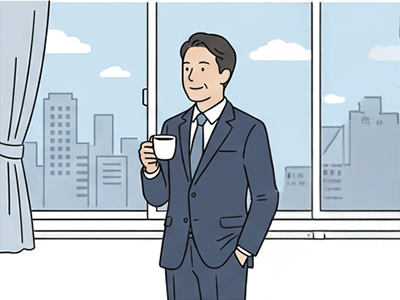 窓の前でコーヒーを飲みながらくつろぐ40代男性社員