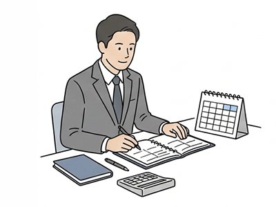 机の上でメモガキする男性社員。卓上カレンダーも用意して準備がいい。