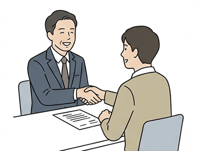 お客様と握手して微笑むスーツ姿の男性社員